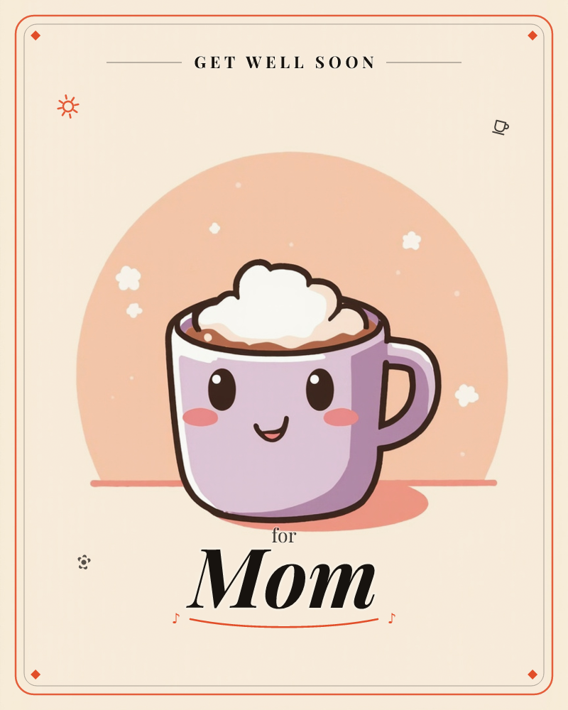 A cheerful lavender mug with a smiling cartoon face sits on a peach background, topped with a fluffy swirl of whipped cream and cocoa, a getwell e-card design
