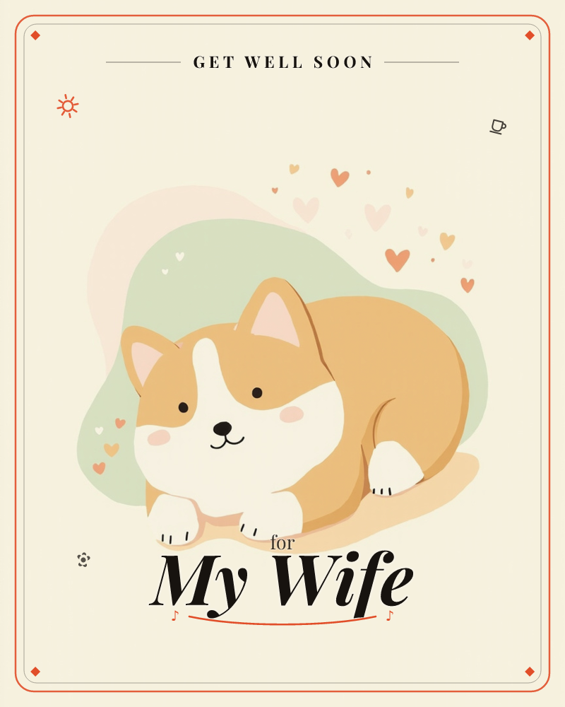 A round, smiling corgi lies flat on its belly with paws stretched forward, set against a soft green and blush cloud shape on a cream background, a getwell e-card design