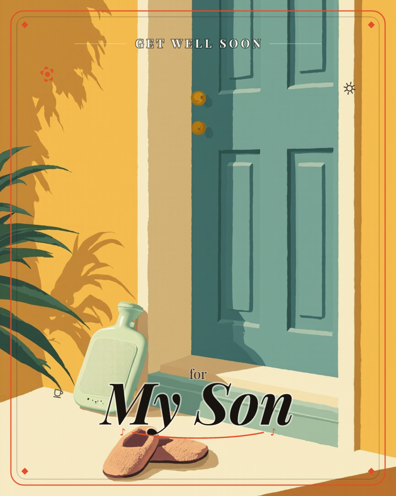 A teal front door glows in warm evening light against a mustard-yellow wall, its brass knobs catching the last sun, a getwell e-card design