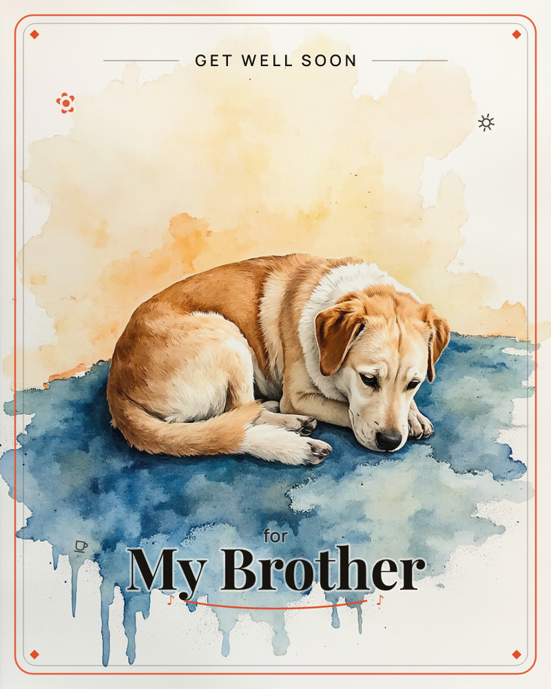 A golden-brown dog with a white muzzle lies curled up nose-to-paws, resting on a wash of deep blue that pools and drips like a puddle beneath it, a getwell e-card design