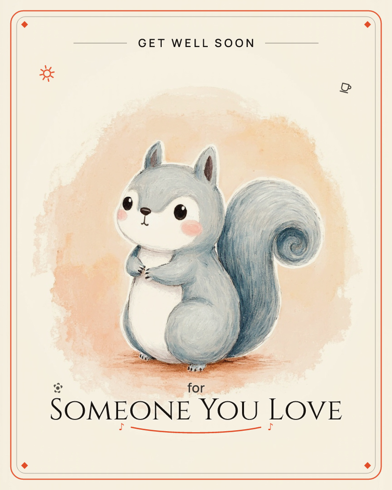 A round-bellied grey squirrel stands upright with its paws clasped together, big dark eyes and rosy cheeks giving it a bashful, endearing look, a getwell e-card design