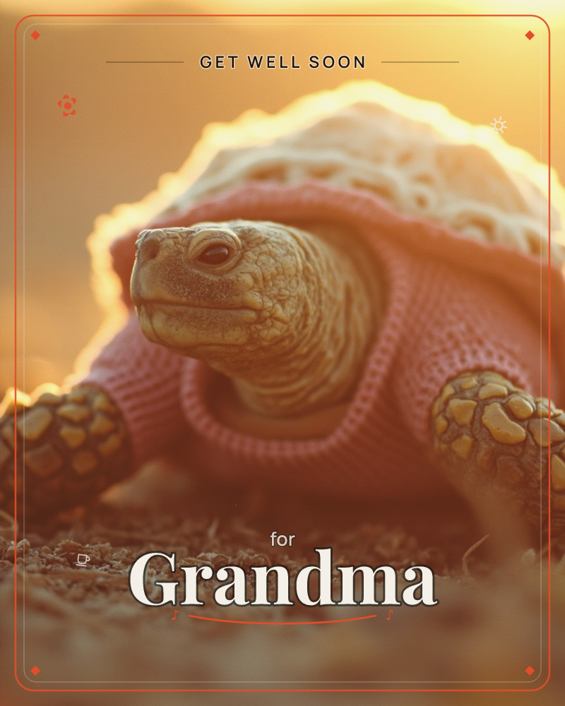 A tortoise wears a cosy knitted sweater that peeks out from beneath its shell, lit by a warm golden backlight that rims its edges in glowing light, a getwell e-card design