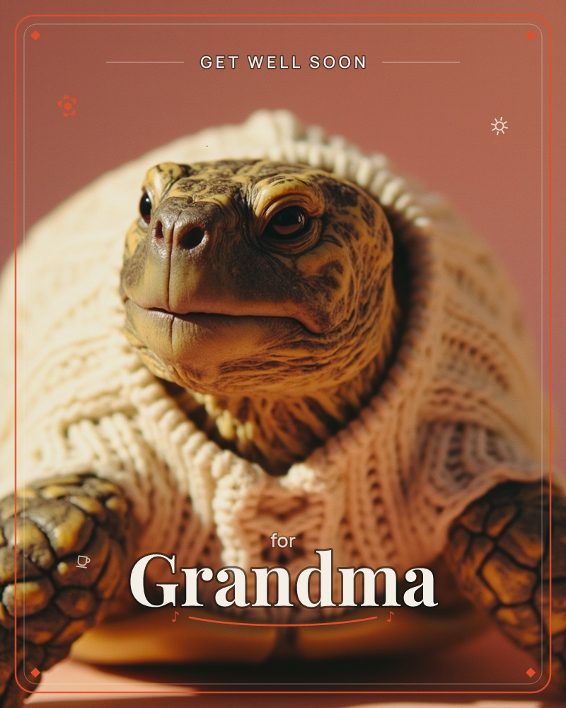 A close-up of a tortoise wearing a chunky cream knitted sweater, its textured shell hidden beneath the cable-knit fabric, a getwell e-card design
