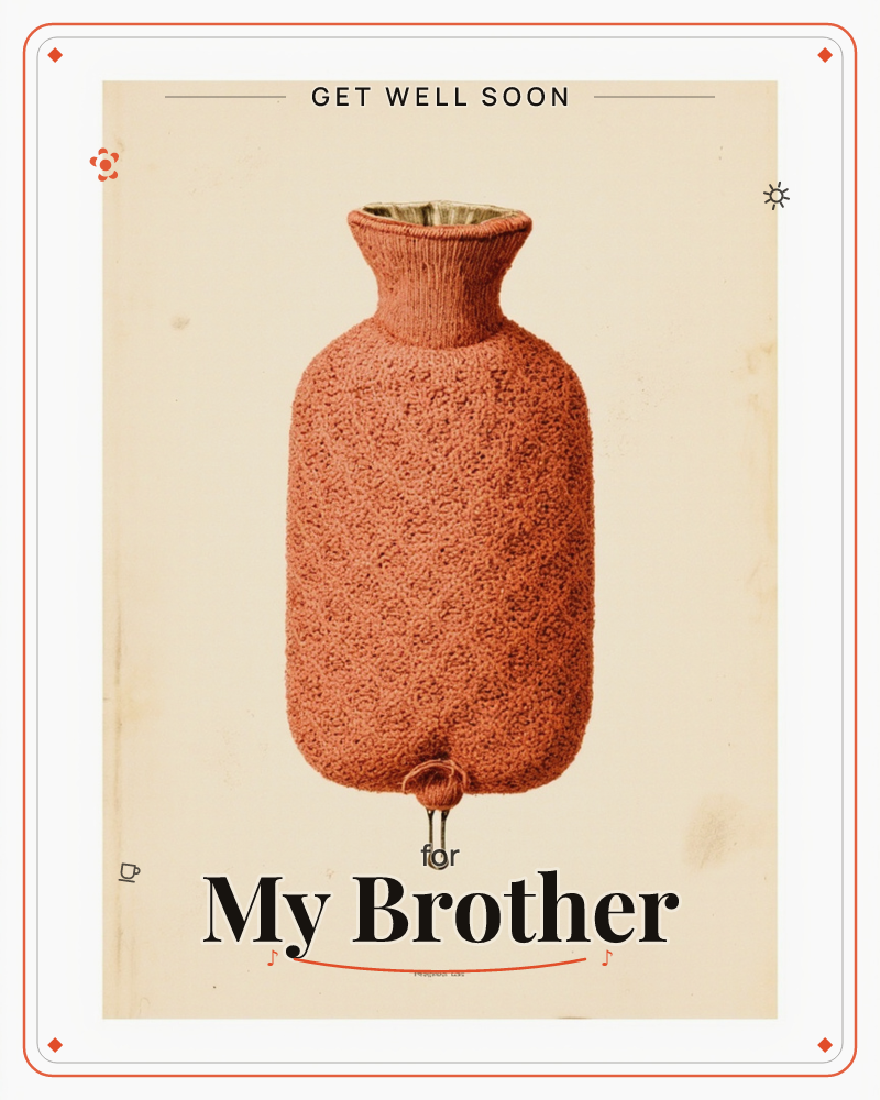 A single knitted hot water bottle cover sits centred on an aged, cream-toned page, its terracotta wool worked in a dense bobbled stitch and finished…, a getwell e-card design