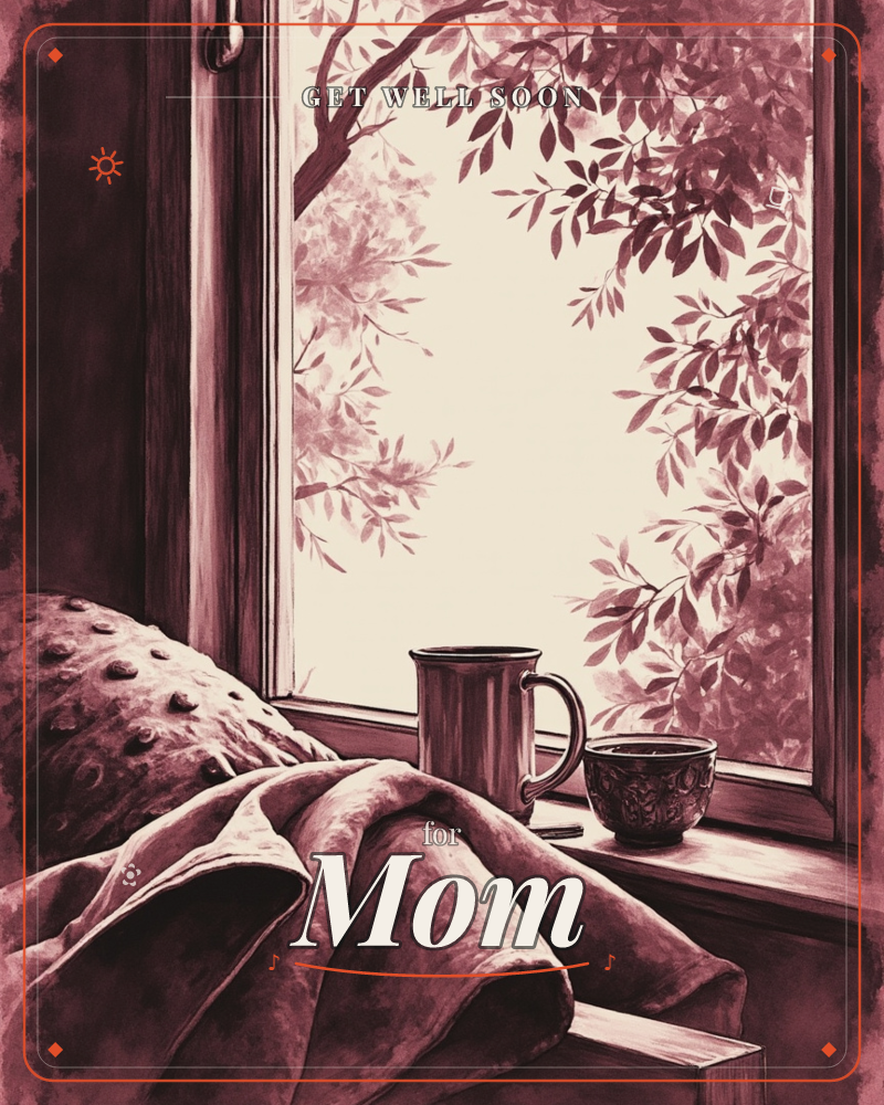 A cosy window nook is rendered entirely in monochrome rose-and-burgundy tones, with a soft pillow and draped blanket in the foreground beside a mug and…, a getwell e-card design