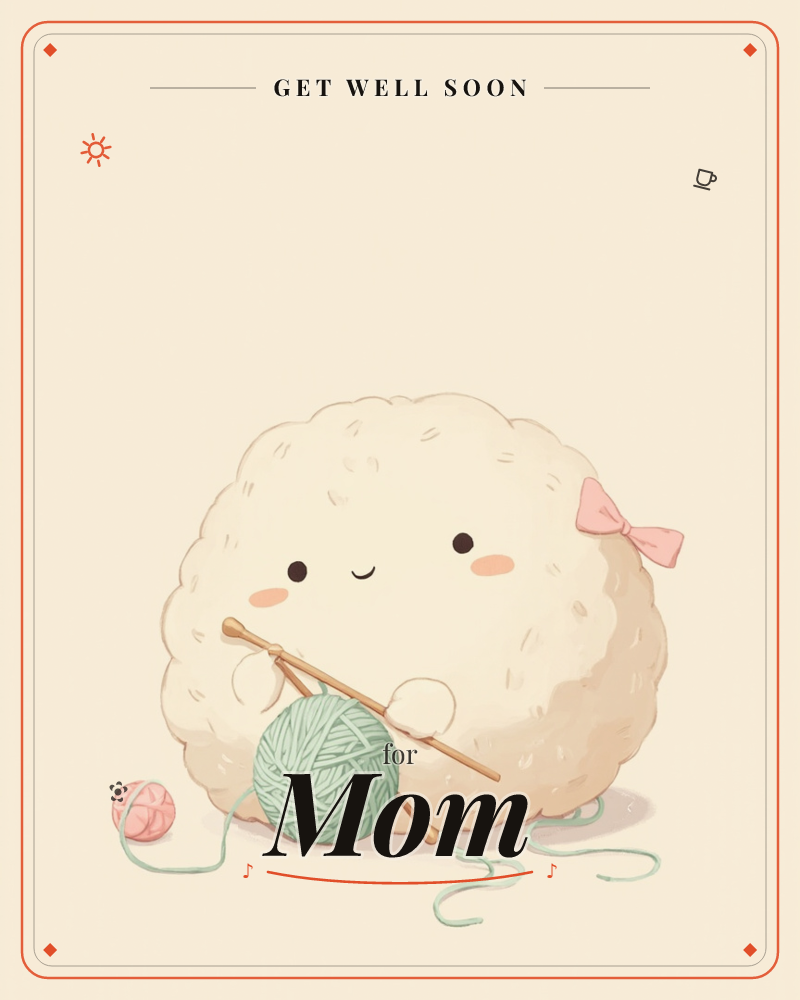 A round, fluffy cream-colored character with a sweet smiling face and a pink bow sits on a soft peach background, happily knitting with wooden needles, a getwell e-card design