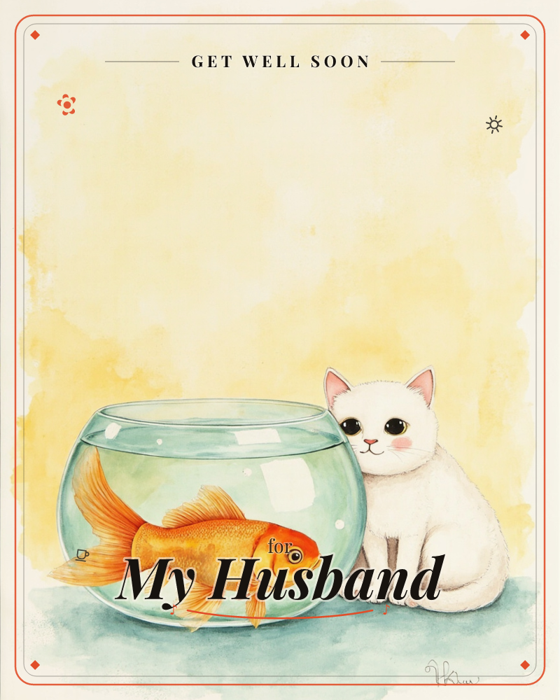A round glass fishbowl holding a bright orange goldfish sits beside a small white cat with big dark eyes and rosy cheeks, both facing outward against a…, a getwell e-card design