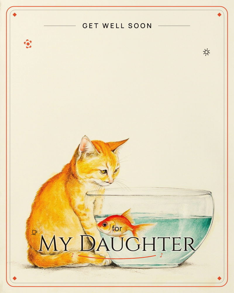 An orange tabby cat sits with its paws resting on the edge of a glass bowl, staring intently at a goldfish swimming inside, a getwell e-card design