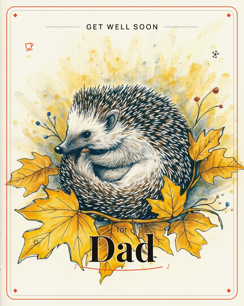 A curled-up hedgehog rests among golden maple leaves, its dark quills and pale belly rendered in fine ink linework with soft watercolour washes…, a getwell e-card design