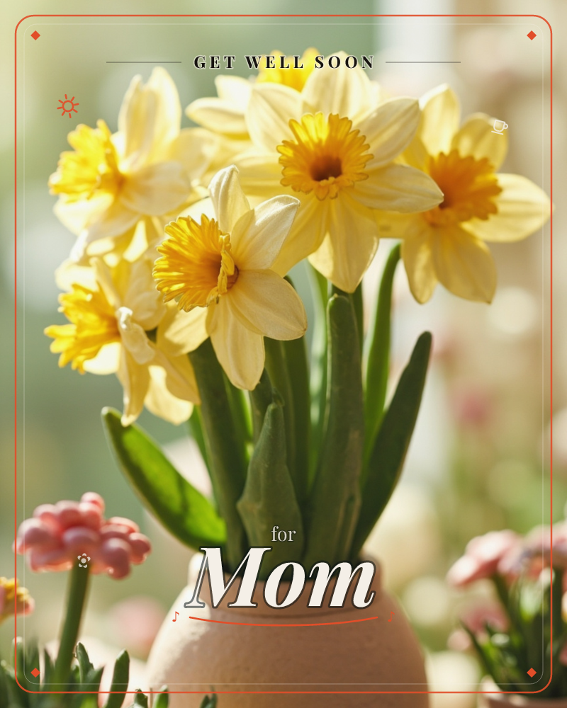 A bunch of pale yellow daffodils with deep orange centres stands in a small terracotta pot, backlit by soft sunlight that glows through the petals, a getwell e-card design