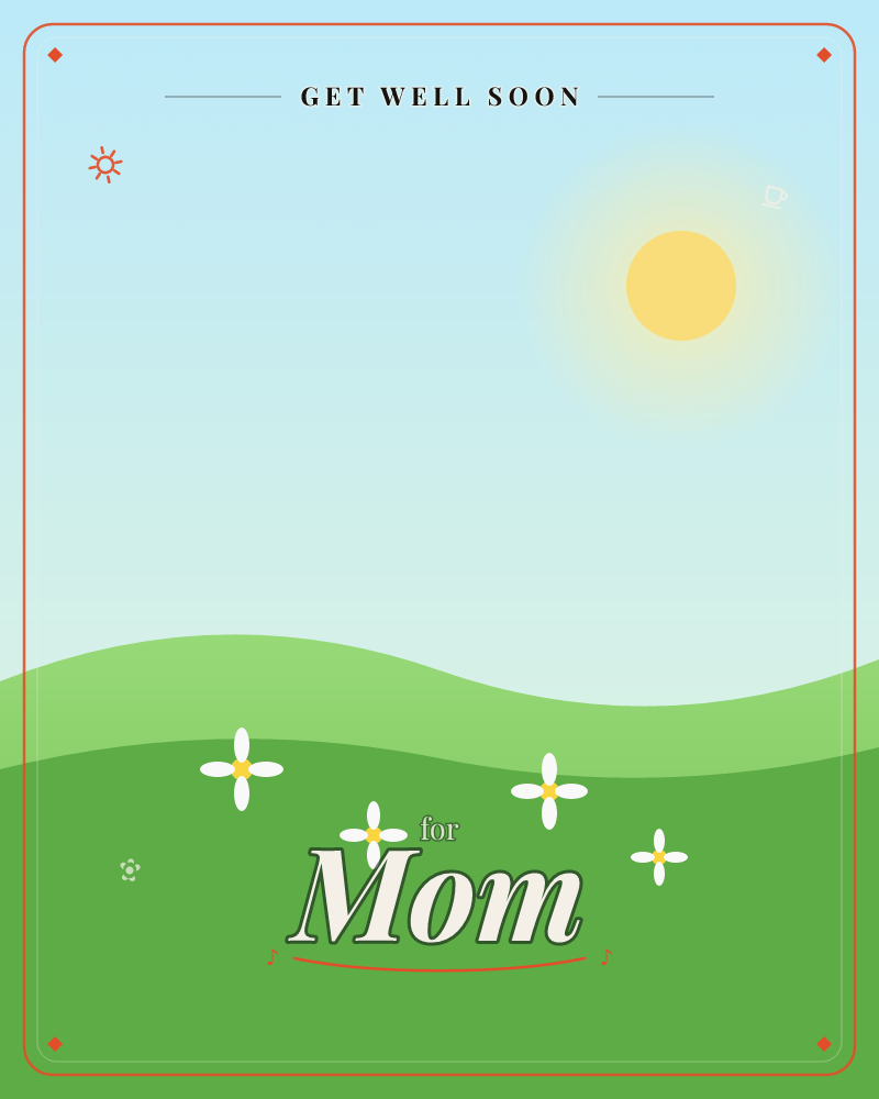 A simple rolling green hillside sits beneath a soft blue sky, with a glowing yellow sun hanging in the upper right, a getwell e-card design by @DittyCityTeam