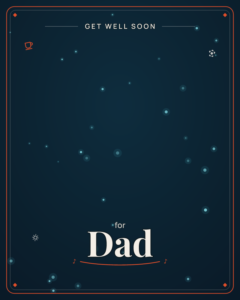 A deep midnight-blue sky glows softly at its centre, scattered with clusters of pale cyan stars of varying brightness, a getwell e-card design by @DittyCityTeam