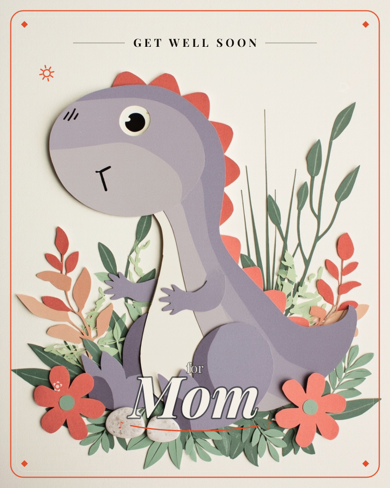 A cheerful purple dinosaur with a coral-spiked back sits among layered paper foliage, coral flowers, and pale pebbles, all crafted in cut-paper style…, a getwell e-card design