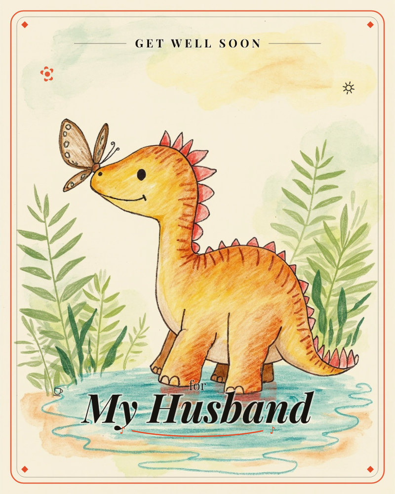 A cheerful orange dinosaur with pink spines stands ankle-deep in a shallow pool, smiling as a small butterfly perches on the tip of its nose, a getwell e-card design