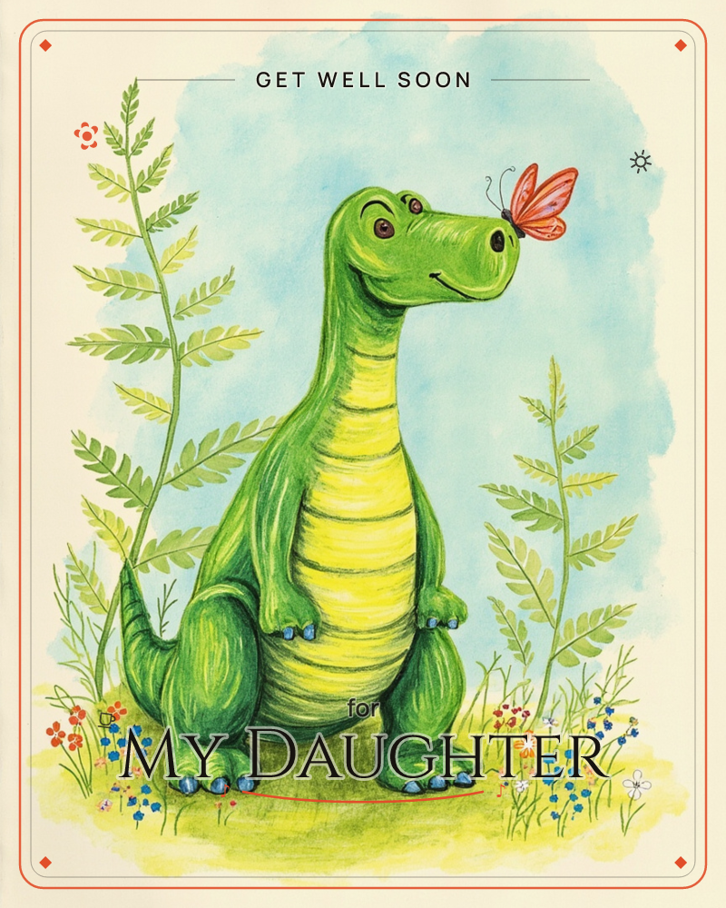 A cheerful green dinosaur stands upright in a meadow, smiling as an orange butterfly perches gently on the tip of its nose, a getwell e-card design