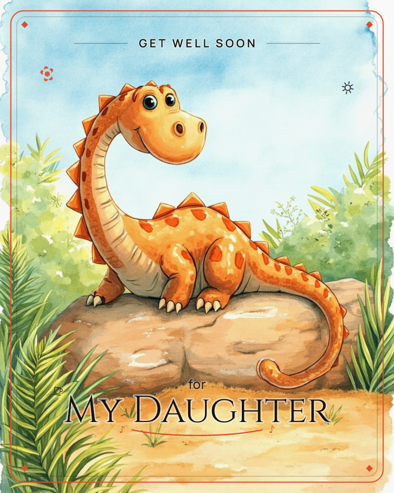 A friendly orange dinosaur with a spotted back and pale cream belly perches on a sandy boulder, its long tail curling into a spiral behind it, a getwell e-card design