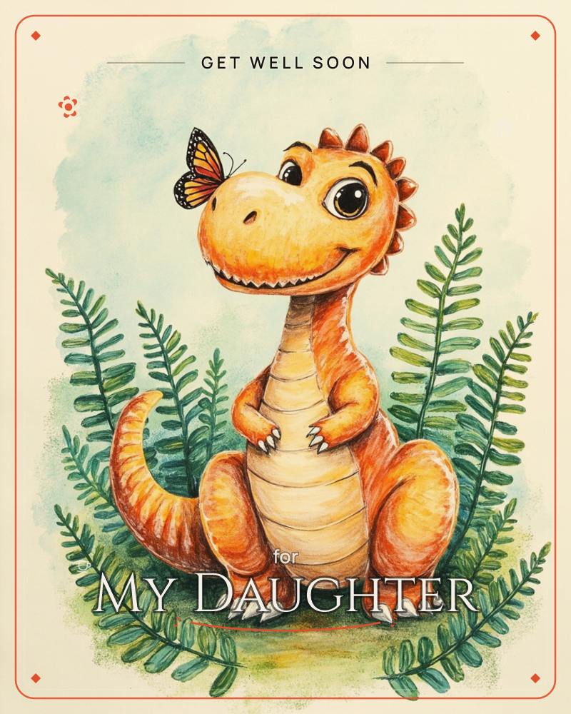 A cheerful orange baby dinosaur sits among tall green ferns with a soft blue-green sky behind it, grinning wide as a monarch butterfly perches on the…, a getwell e-card design
