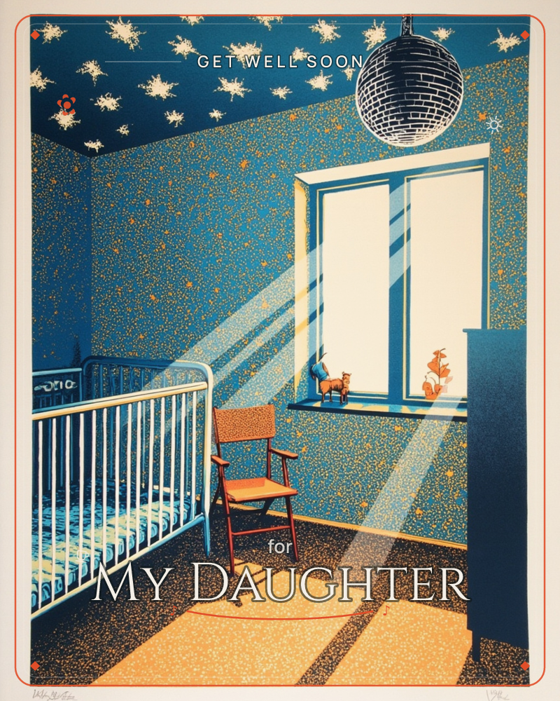 A child's bedroom glows deep blue, its walls and ceiling speckled with gold flecks and scattered star shapes like a captured night sky, a getwell e-card design