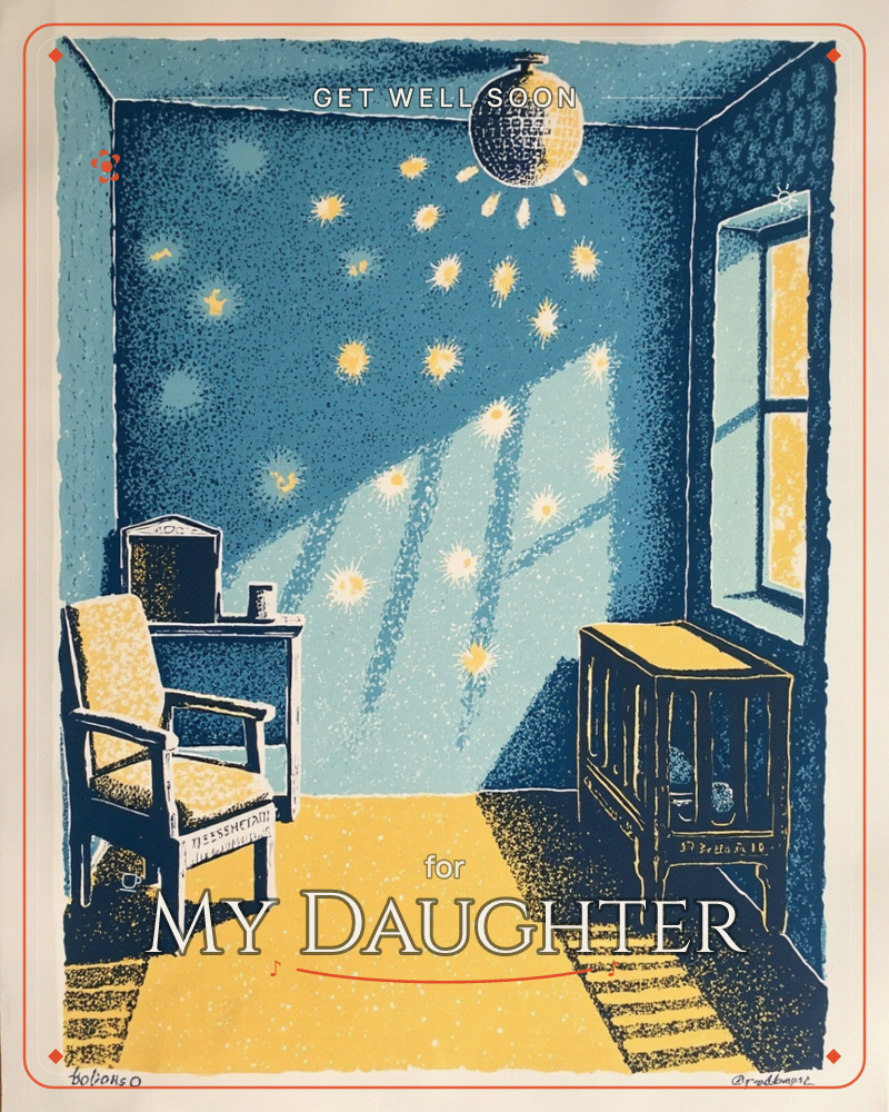 A cosy corner room glows in deep blue and gold, a mirrored disco ball scattering starburst light across the walls and ceiling, a getwell e-card design