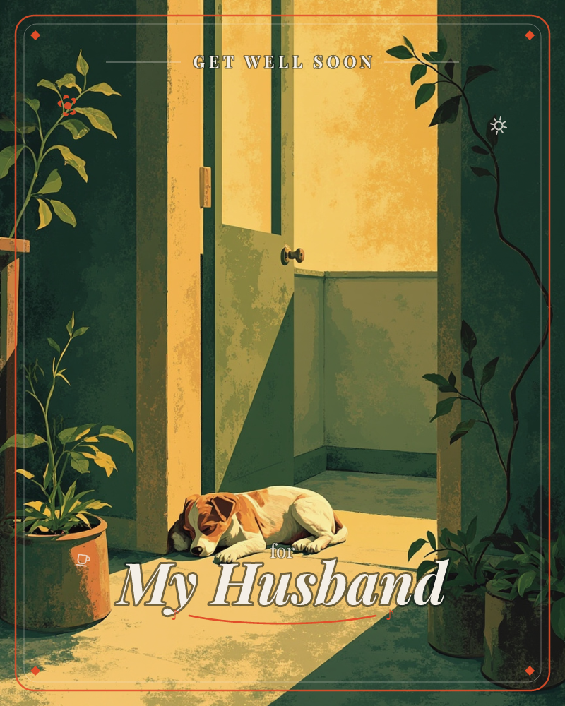 A brown and white dog lies curled asleep in an open doorway, framed by a warm golden glow spilling from the room beyond, a getwell e-card design