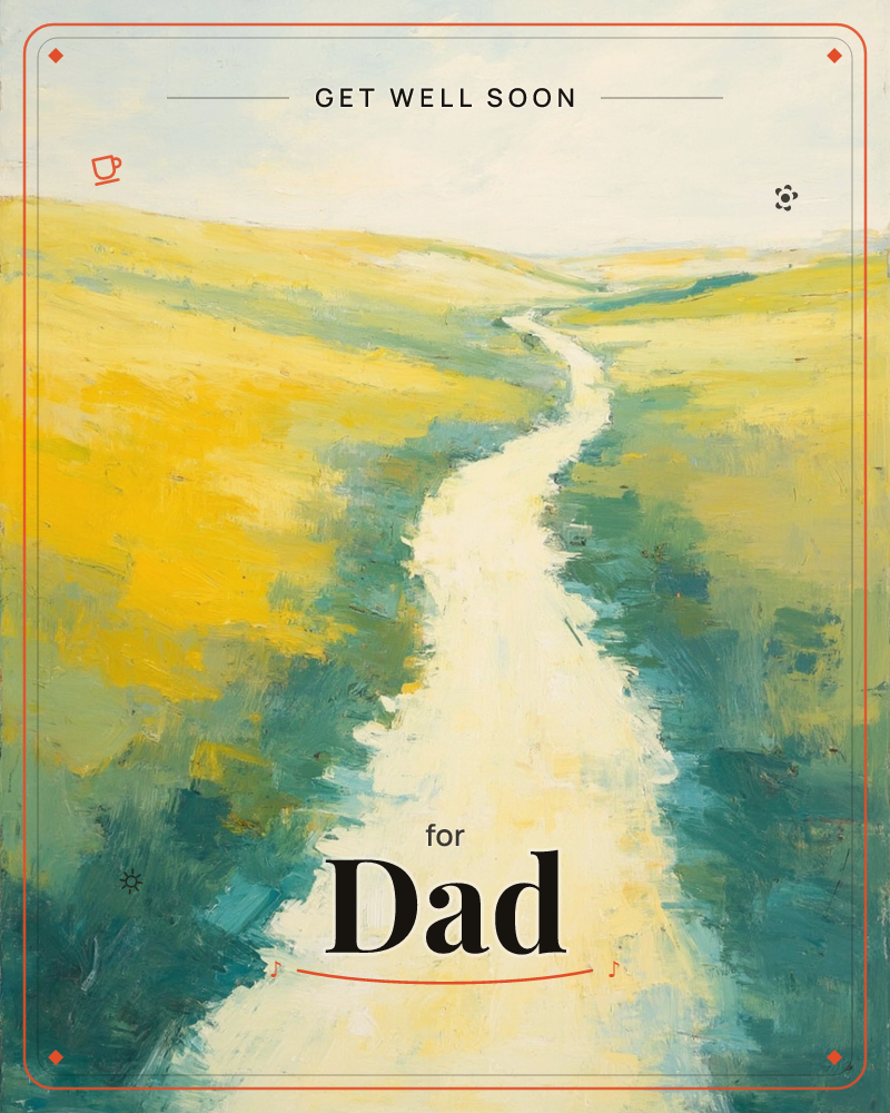 A pale, sunlit path curves and disappears over rolling hills painted in loose, buttery strokes of yellow and teal green, a getwell e-card design