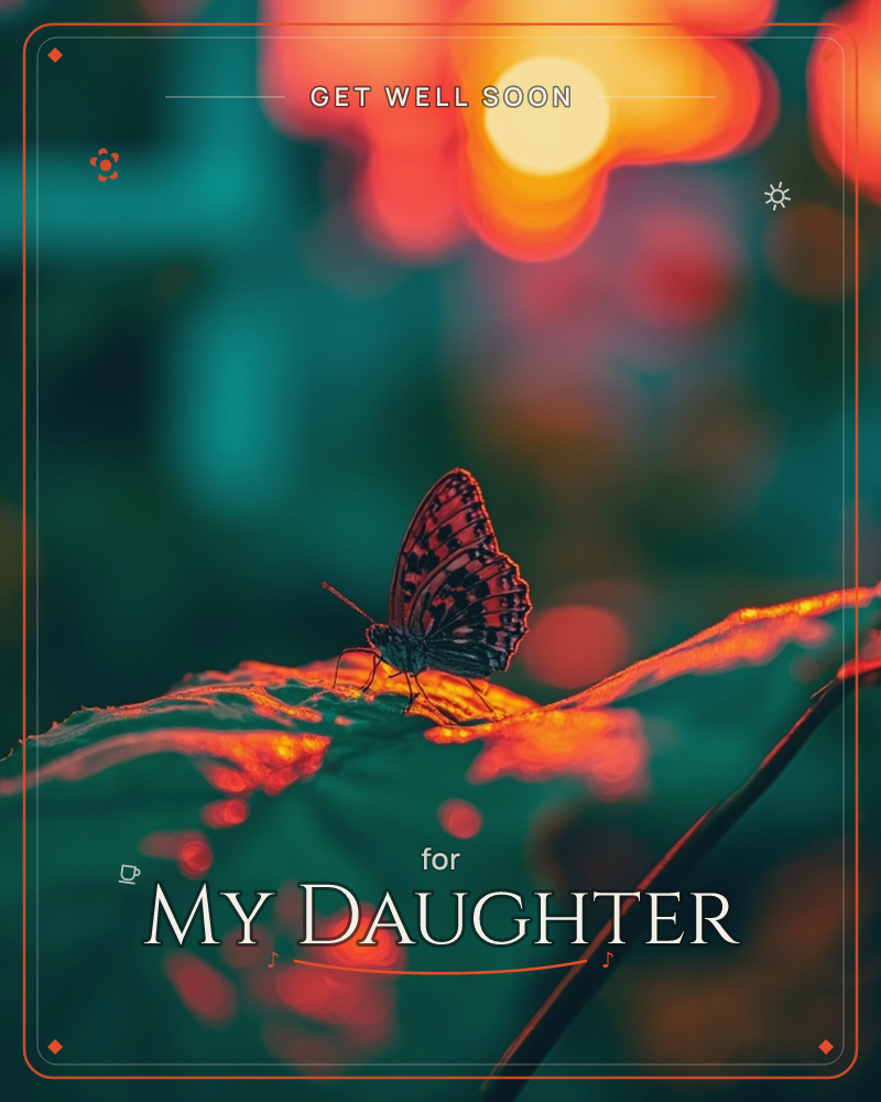A single patterned butterfly rests on the curved edge of a leaf, its wings catching streaks of fiery orange light against a deep teal, softly blurred…, a getwell e-card design