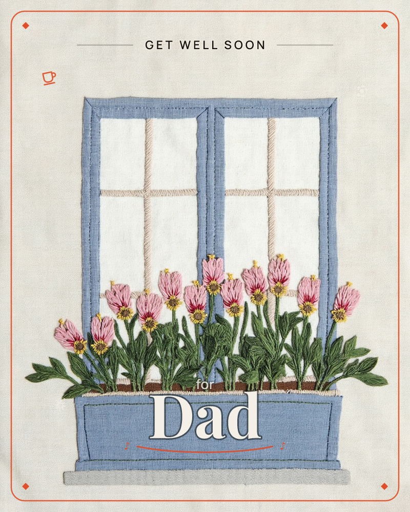 An embroidered window frame in soft blue thread sits against a cream linen background, its panes stitched with pale cross-hatched light, a getwell e-card design