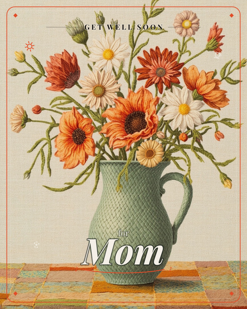 A woven sage-green pitcher holds a loose bouquet of daisies, poppies and small asters in shades of rust, orange and cream, set on a patchwork woven…, a getwell e-card design