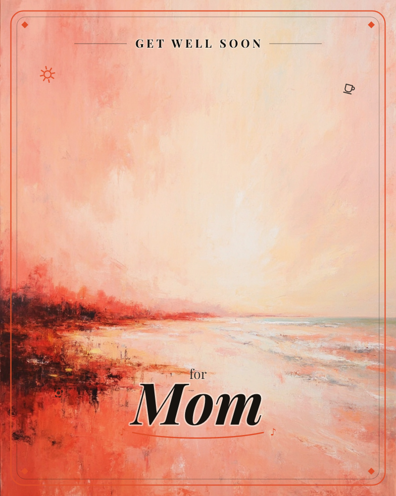 An abstracted coastal sunset painted in washes of coral, peach and rose, with a dark tree-lined shore silhouetted along the left edge, a getwell e-card design