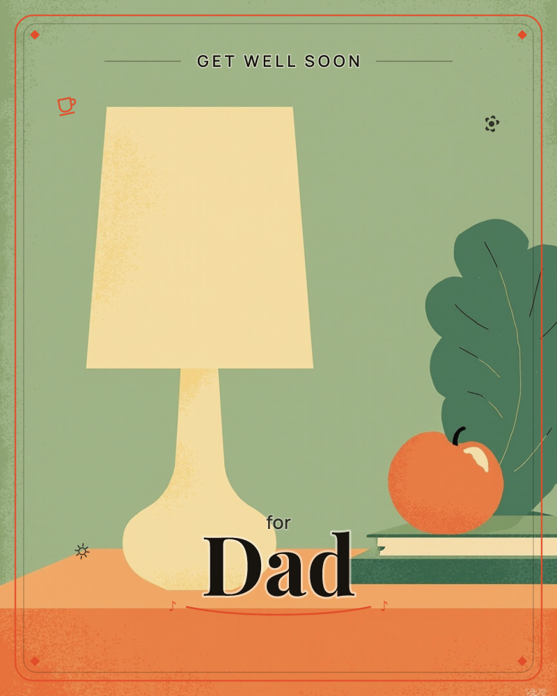 A cream-coloured table lamp glows softly on an orange tabletop beside a stack of books topped with a single orange apple, a large leafy plant frond…, a getwell e-card design