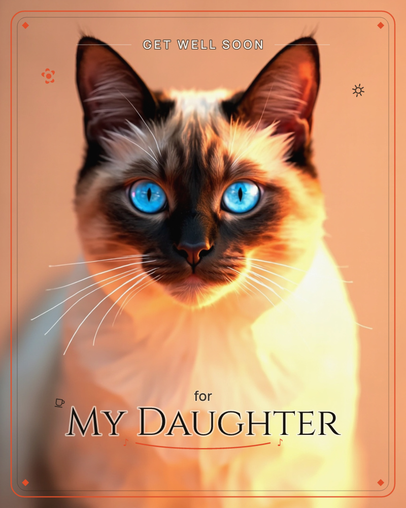 A close-up portrait of a Siamese cat, its dark ears and mask framing two piercing blue eyes lit by warm, golden backlight, a getwell e-card design