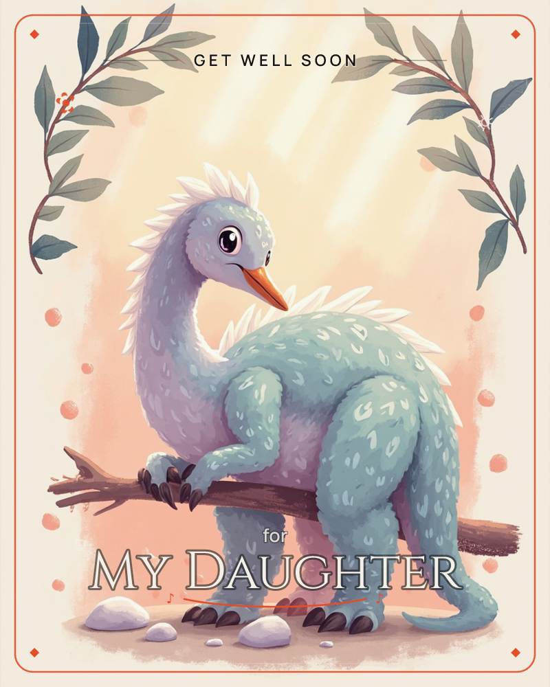 A soft, feathery blue-green dinosaur with a long curved neck and speckled body stands over a fallen branch, framed by two sprigs of leaves against a…, a getwell e-card design