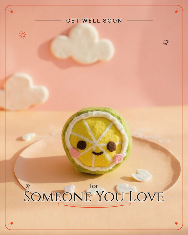 A felted lime slice with a stitched smiley face and rosy cheeks sits on a peach tabletop under a soft pink sky, surrounded by fluffy felt clouds, a getwell e-card design