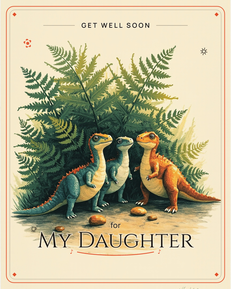 Three small dinosaurs stand together in front of a cluster of tall green ferns, their long necks curved as they face each other on a patch of sandy…, a getwell e-card design