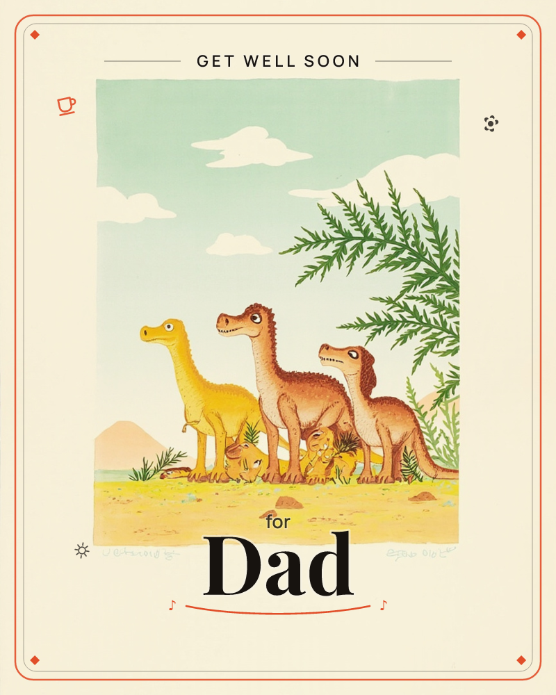 Three cartoon dinosaurs, one yellow and two brown, stand side by side on a sandy prehistoric plain beneath a feathery green fern and a pale mint sky…, a getwell e-card design