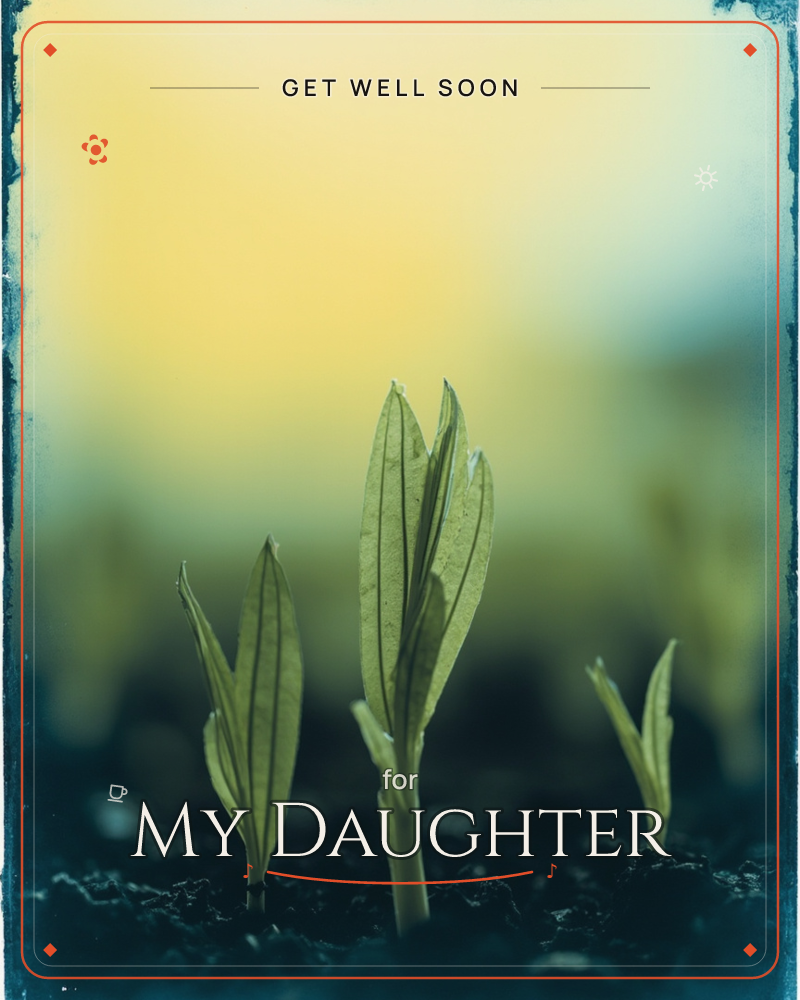 A close-up photograph of young seedlings pushing up through dark soil, their new leaves catching a soft golden light against a blurred sky-blue background, a getwell e-card design