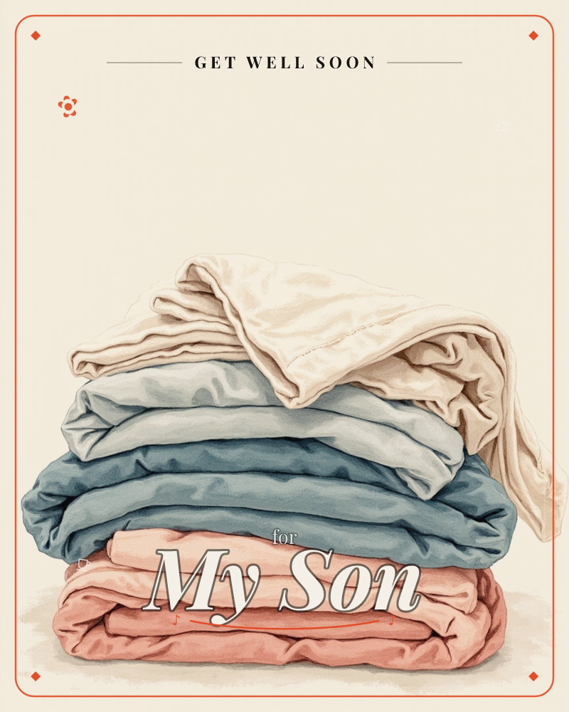 A neatly folded stack of bedding sits alone against a softly glowing, vignetted backdrop, a getwell e-card design