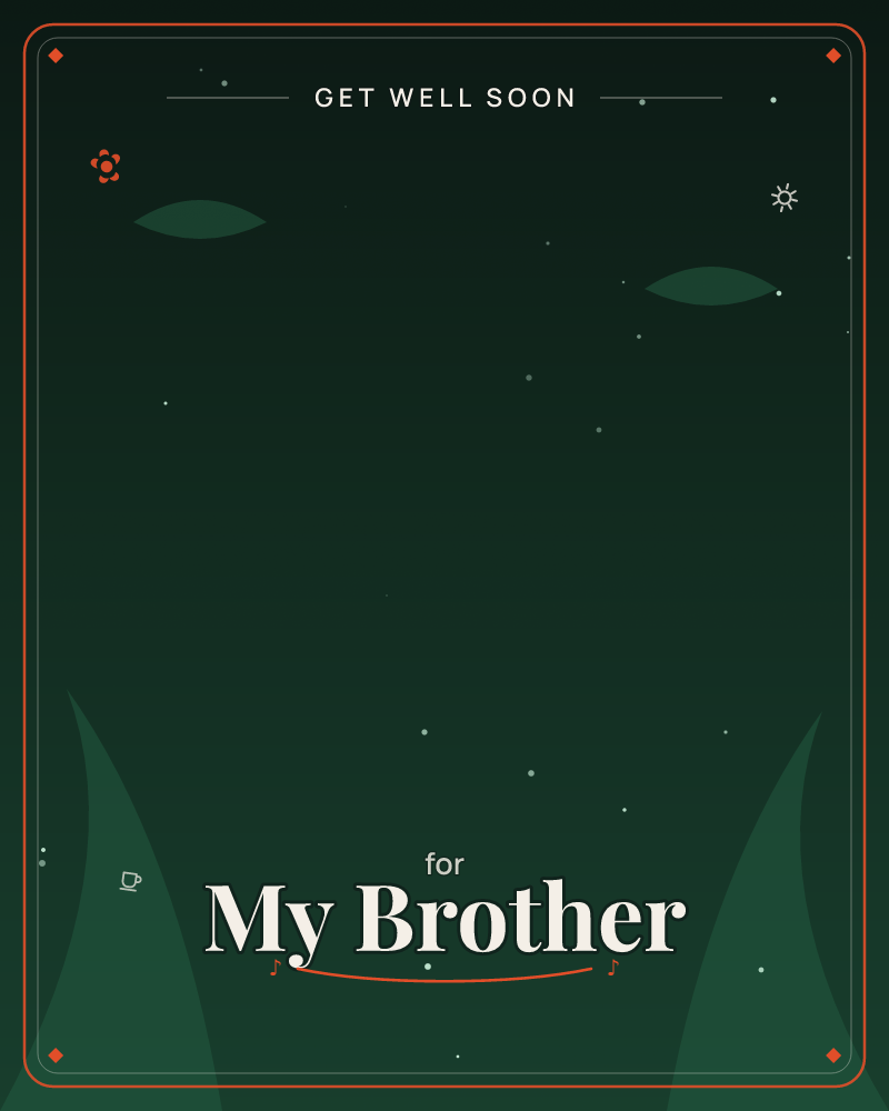 A deep forest-green background glows faintly at the centre, scattered with tiny star-like specks like fireflies in the dark, a getwell e-card design by @DittyCityTeam