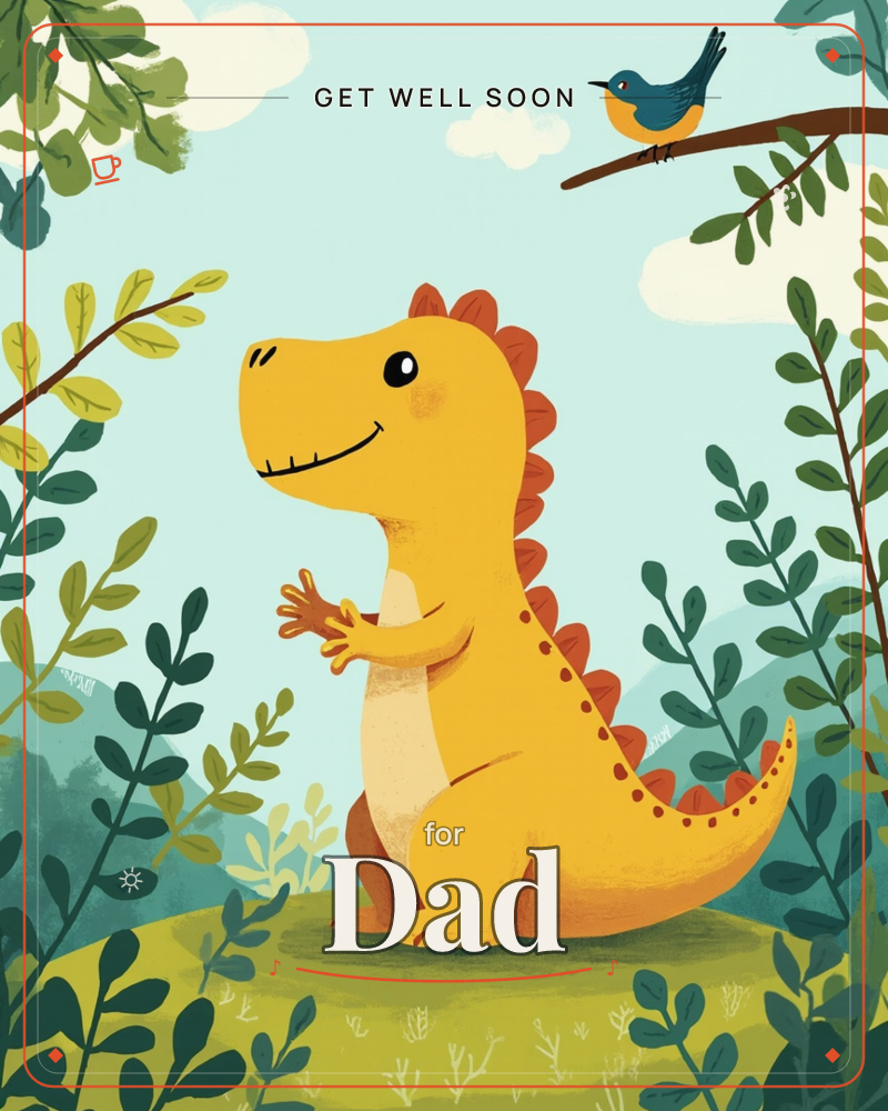 A cheerful yellow dinosaur with orange spikes sits smiling on a grassy mound, surrounded by leafy branches and foliage in shades of green, a getwell e-card design