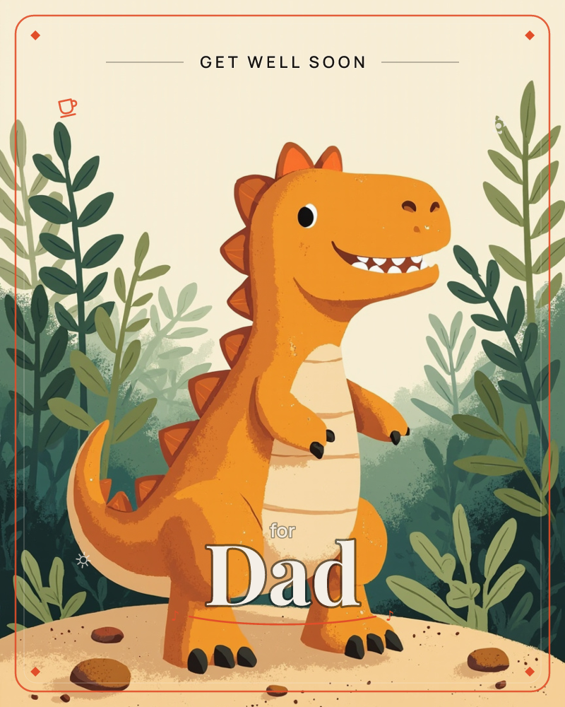 A cheerful orange dinosaur with a cream-striped belly stands grinning on a sandy patch scattered with small pebbles, surrounded by layered green…, a getwell e-card design