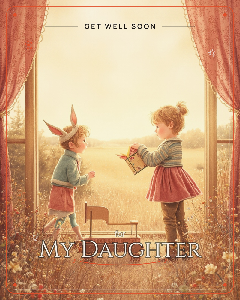 Two children stand framed by pink curtains as if looking through a giant window into a golden meadow, a getwell e-card design