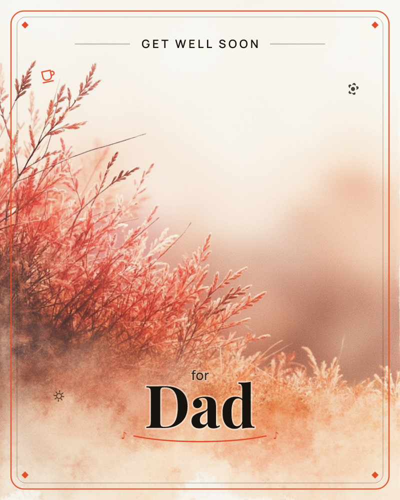 Delicate seed-heads and wild grasses lean in from the left, painted in coral and rust against a hazy, sun-bleached ground, a getwell e-card design