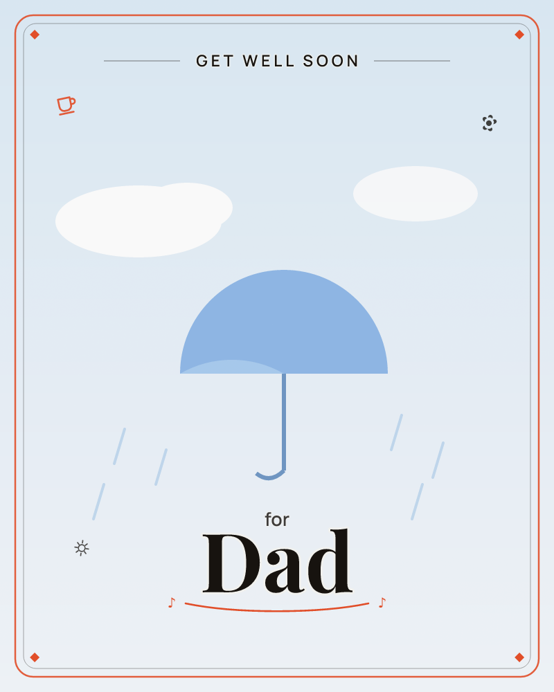 A simple blue umbrella stands open beneath a pale sky, with soft white clouds drifting above and thin diagonal raindrops falling around it, a getwell e-card design by @DittyCityTeam