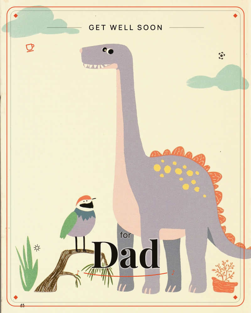 A tall lavender long-necked dinosaur with a pink underbelly and orange spiked back stands beside a small colourful bird perched on a bare branch, a getwell e-card design