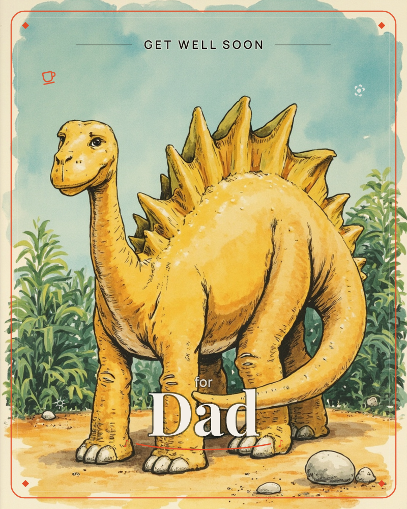 A golden-yellow dinosaur with a long curved neck and a row of pointed plates down its back stands on sandy ground, tail curling behind it near a few…, a getwell e-card design