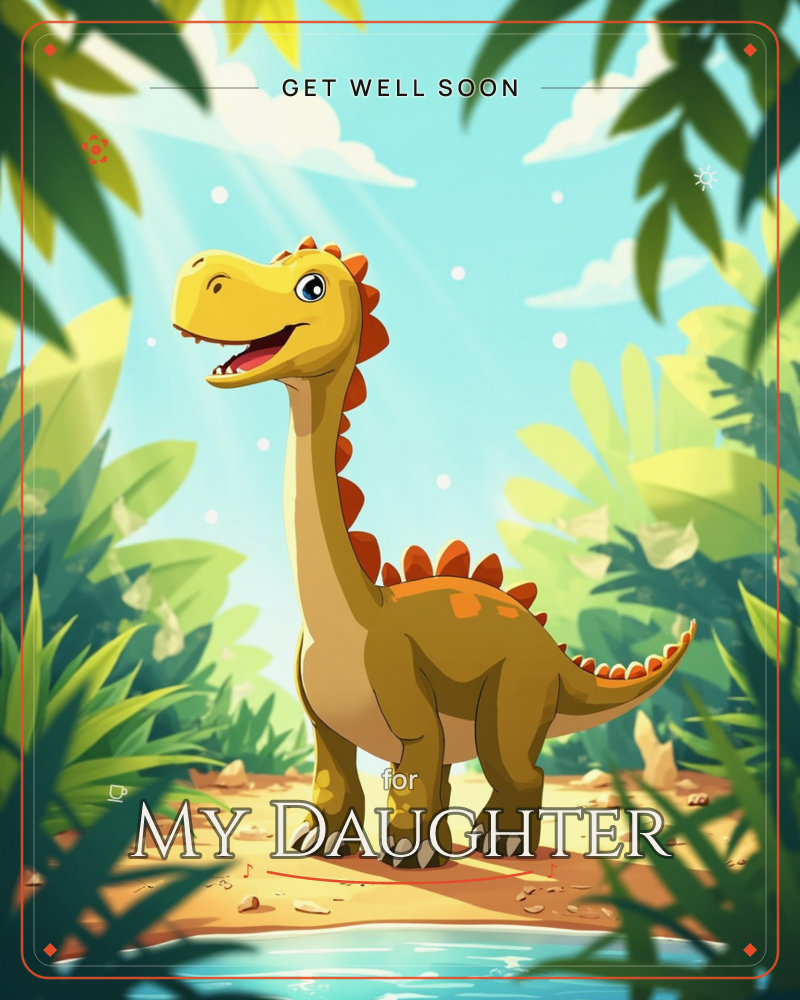 A cheerful long-necked dinosaur with orange spikes stands smiling on a sunlit jungle path, framed by dark leafy branches and tall green foliage, a getwell e-card design