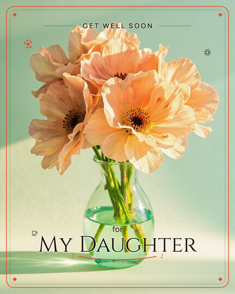A cluster of peach-toned poppies with dark seeded centres sits loosely gathered in a small glass vase, their crepe-like petals catching soft daylight, a getwell e-card design