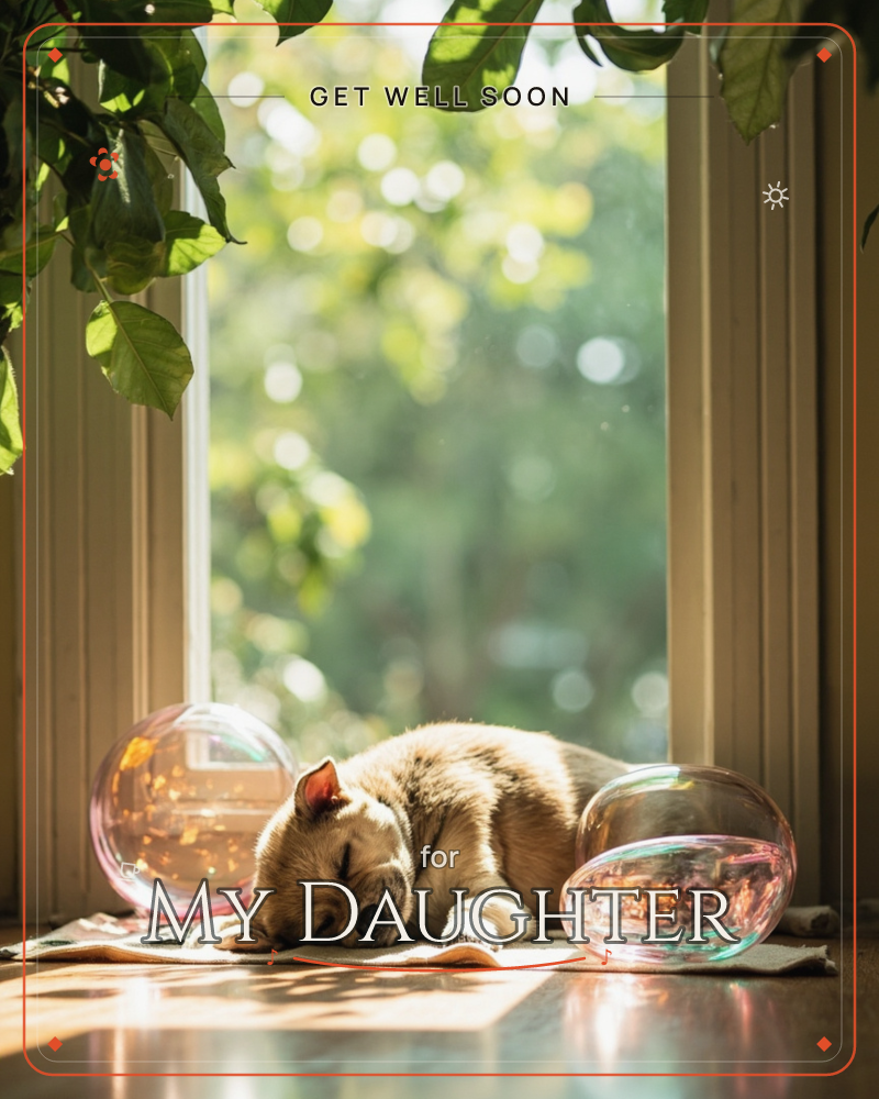 A puppy naps on a small mat in an open doorway, flanked by two glass baubles catching the light like giant soap bubbles, a getwell e-card design