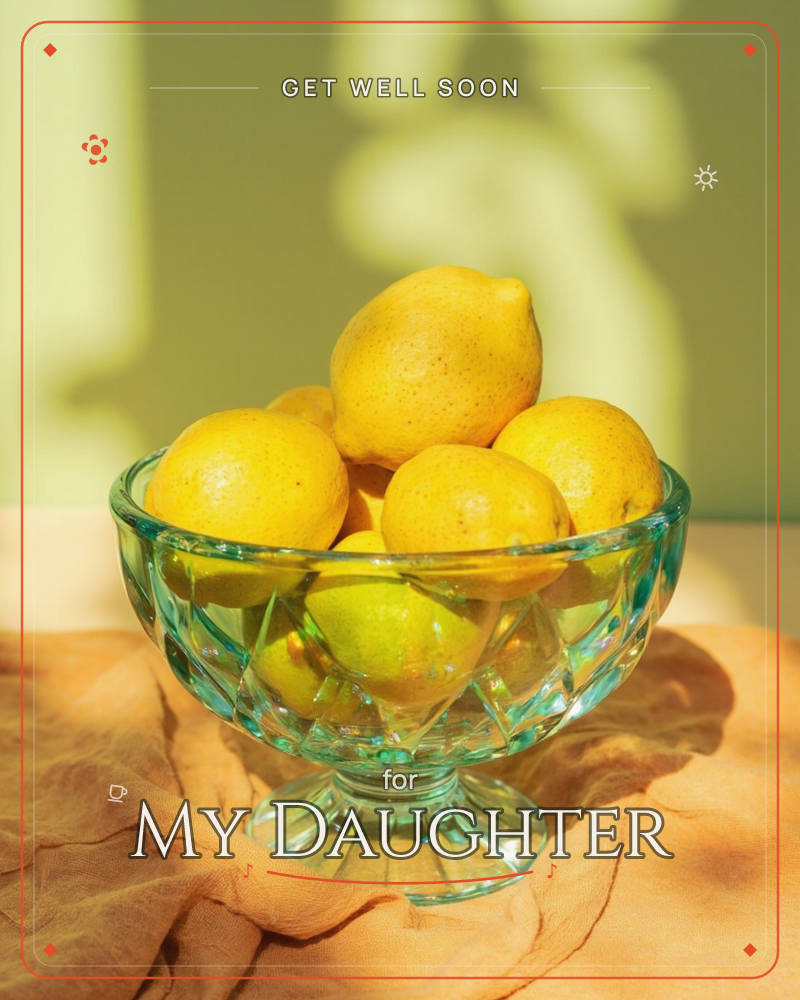 A cut-glass pedestal bowl brims with fresh lemons, catching bright, warm sunlight against a soft green wall, a getwell e-card design