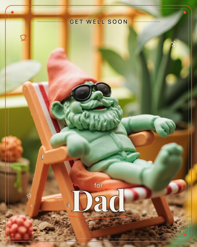 A claymation-style garden gnome, sculpted in mint green with a red pointed hat and dark sunglasses, lounges back in a striped red-and-white deckchair, a getwell e-card design